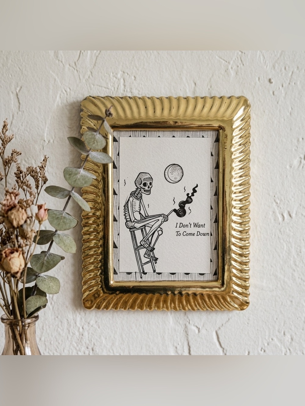Vintage Brass Scalloped Framed Skeleton Art Whimsigoth Dark Boho Decor 7.5x9.5”
